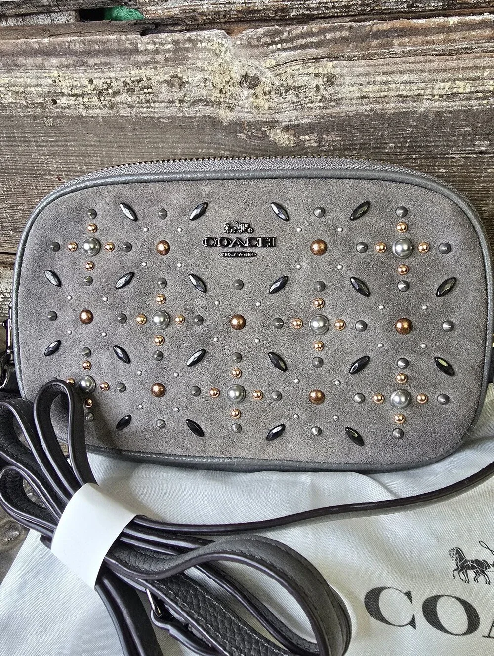 COACH Prairie Rivets Gray Pebbled Leather Studded Crossbody, NWOT